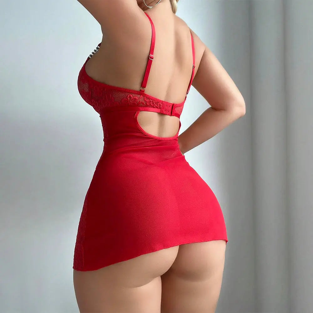 Red embroidered lace lingerie set with see-through nightgown and thong, designed for women, from SHOPEZRA L.L.C.