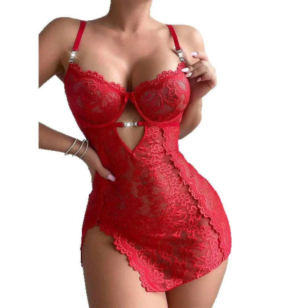 Red lace lingerie set for women, featuring a see-through nightgown and matching thong with embroidered details.