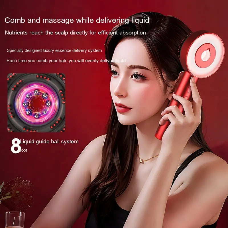 Scalp massager comb featuring a luxurious essence delivery system for nourishing hair care.