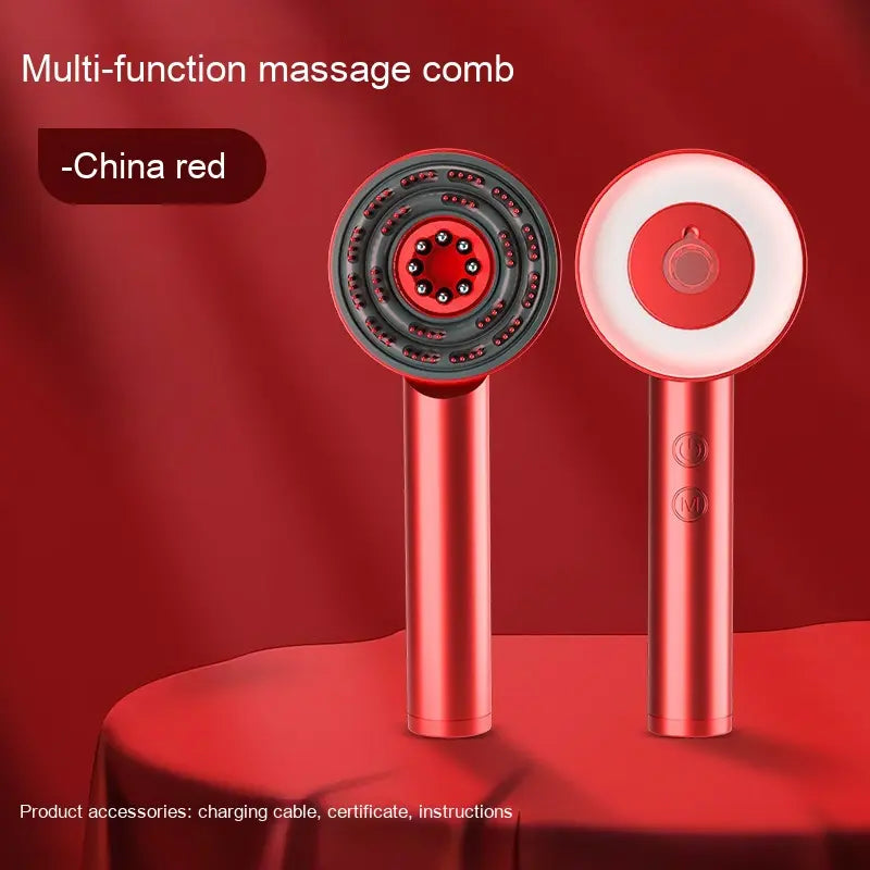 China red scalp massager comb featuring multi-function design and soft bristles for relaxation and improved hair health.