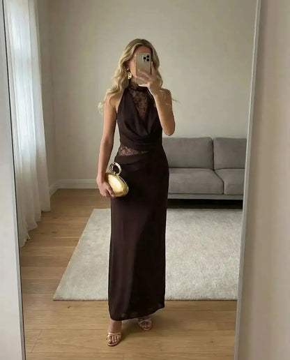 Women Lace Patchwork Sleeveless Pleated Dress Elegant Off-shoulder See Through Long Dresses 2026 Lady Evening Party Vestidos by Dropshipman