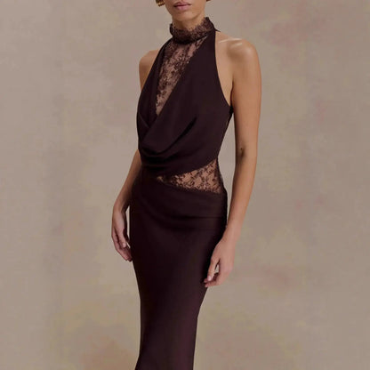 Women Lace Patchwork Sleeveless Pleated Dress Elegant Off-shoulder See Through Long Dresses 2026 Lady Evening Party Vestidos by Dropshipman