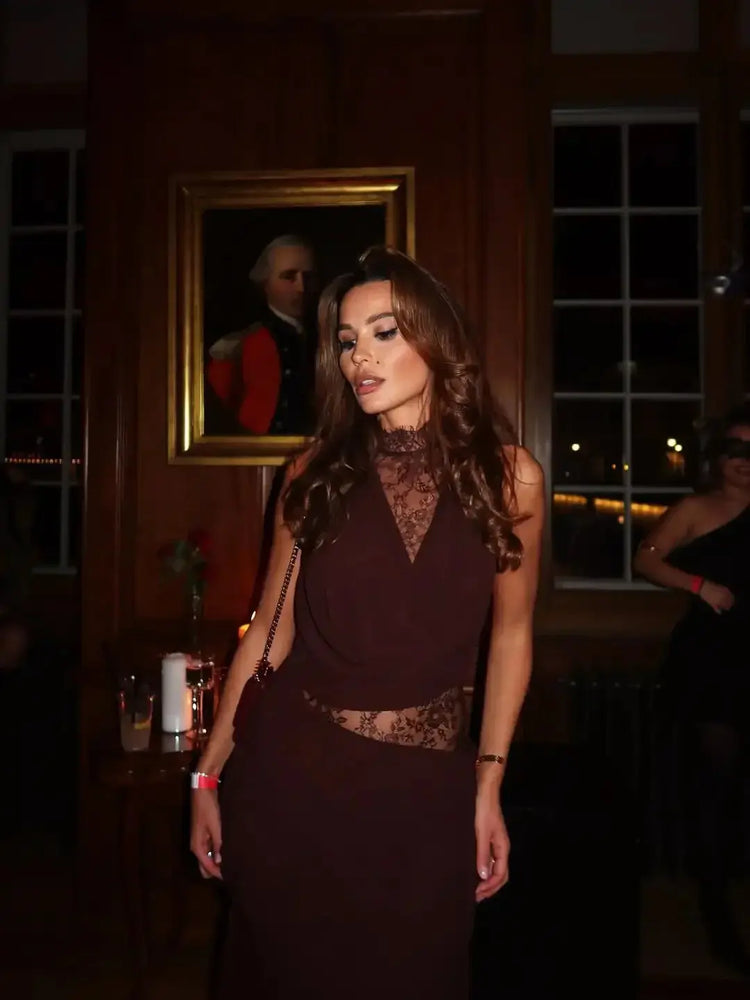 Women Lace Patchwork Sleeveless Pleated Dress Elegant Off-shoulder See Through Long Dresses 2026 Lady Evening Party Vestidos SHOPEZRA L.L.C.