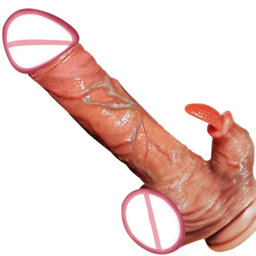 Realistic telescopic dildo vibrator with heating, suction cup, and remote control designed for women, featuring detailed shaft and textured head.