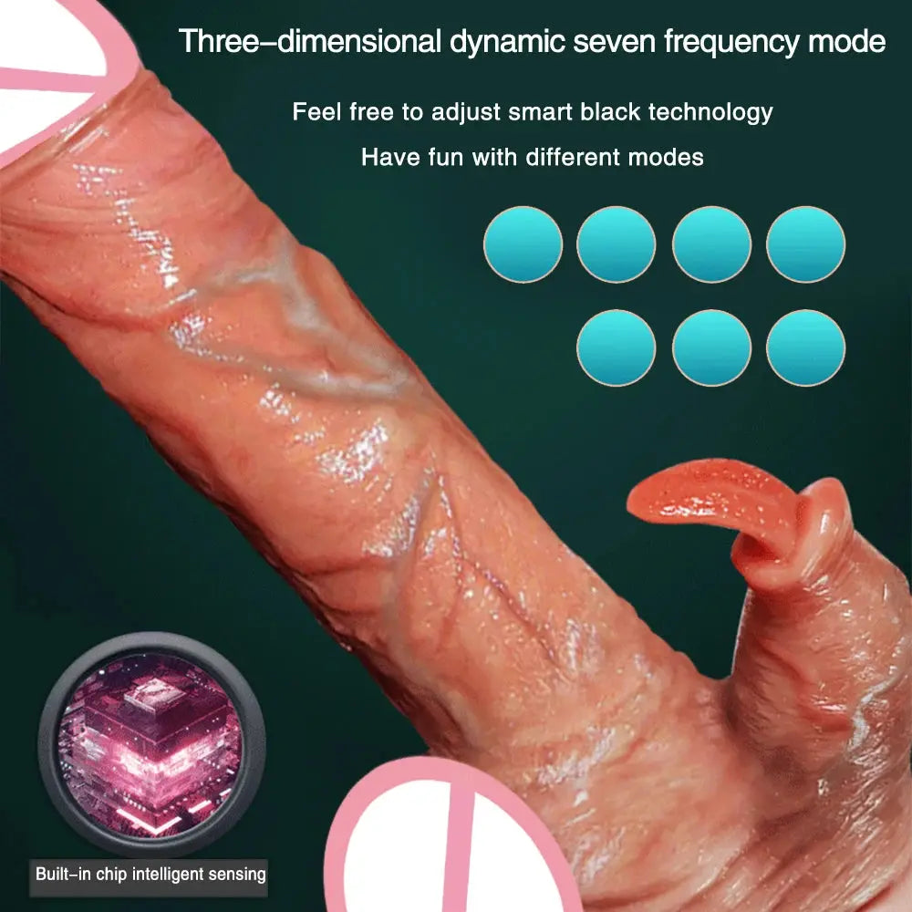 Realistic telescopic dildo vibrator with heating, suction cup, and remote control for women, featuring detailed design and flexible motion.