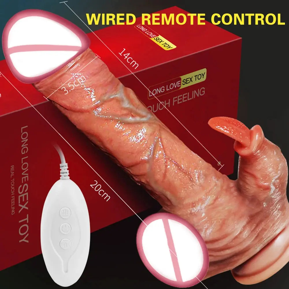 Realistic telescopic dildo sex toy with heating, suction cup, and remote control for women, featuring detailed shaft and textured head.