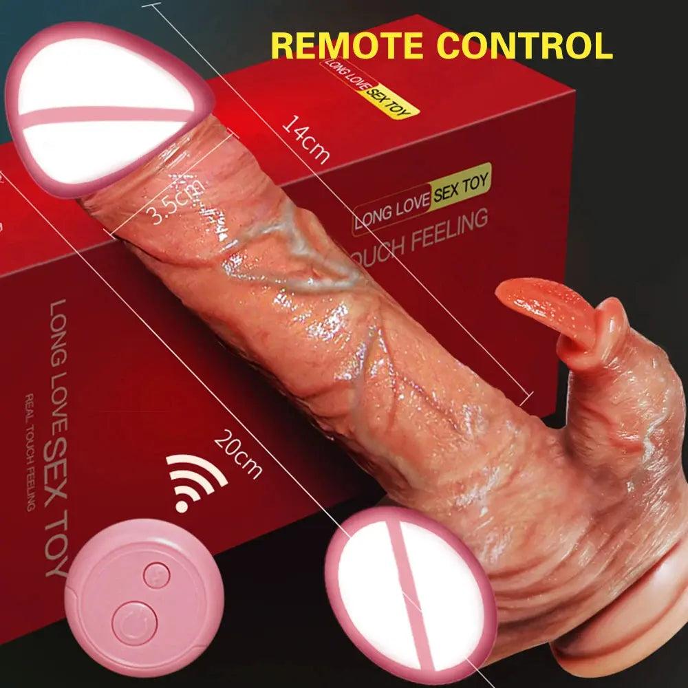 Realistic telescopic dildo vibrator with heating, suction cup, and remote control for women, designed for adult pleasure and masturbation.
