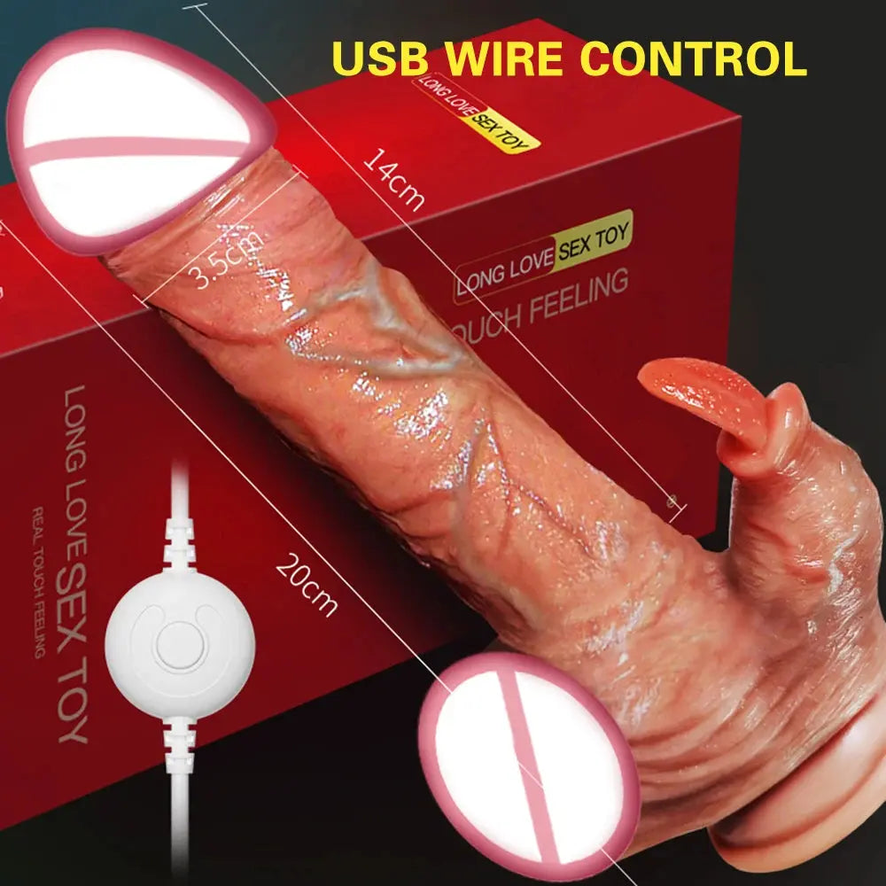 Realistic telescopic dildo vibrator for women with heating, suction cup, and remote control, designed for adult pleasure and masturbation.