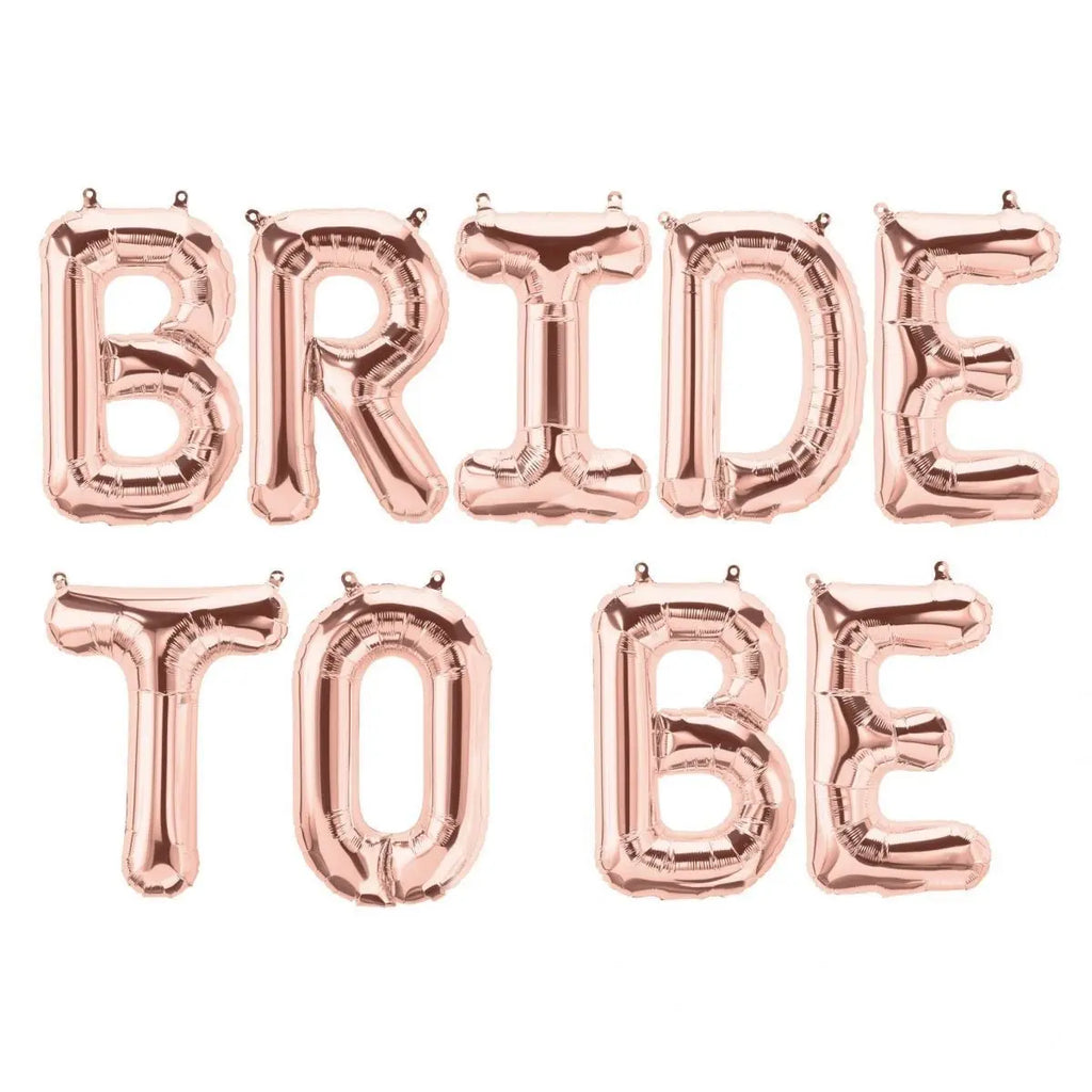 Rose gold balloon banner decor spelling 'BRIDE TO BE', perfect for bridal showers and celebrations.