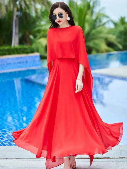 Shawl Dress Suit/Sun Protection Women Chiffon Dress Mother And Dress Two Piece Suit Bohemian Big Swing Long Dress Holiday Dress by Dropshipman