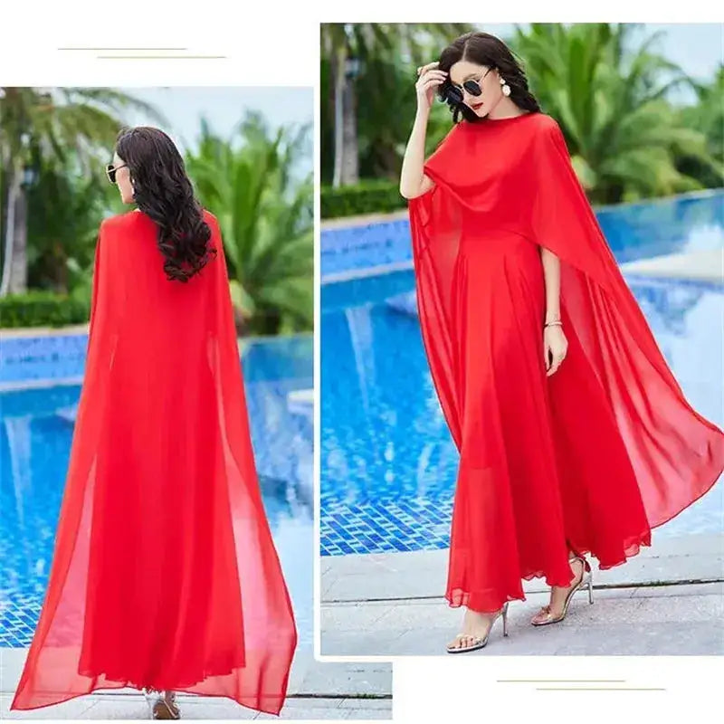 Shawl Dress Suit/Sun Protection Women Chiffon Dress Mother And Dress Two Piece Suit Bohemian Big Swing Long Dress Holiday Dress by Dropshipman