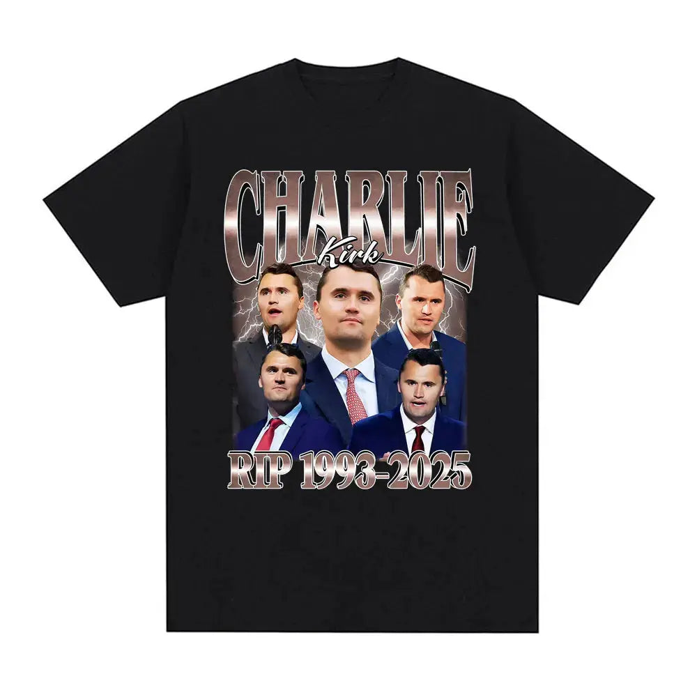 Charlie Kirk printed graphic T-shirt, short sleeve vintage tee with RIP 1993–2025 design, men's designer clothing by SHOPEZRA L.L.C.
