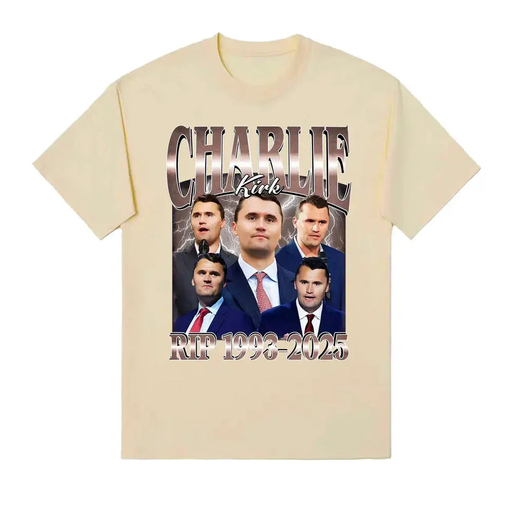Men's Charlie Kirk printed graphic vintage T-shirt featuring RIP 1993–2025 design, short sleeve, casual designer clothing.