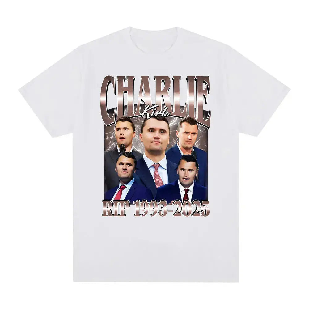 Men's short sleeve Charlie Kirk printed graphic T-shirt featuring RIP 1993–2025 design, vintage style, casual designer clothing