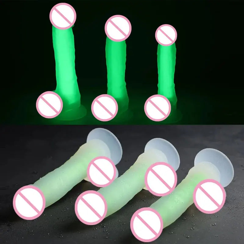 Three sizes of luminous silicone realistic glow-in-the-dark dildo and strap-on for adult pleasure, designed for women.
