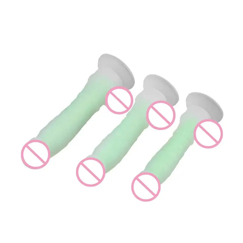 Silicone glowing dildo in three sizes, realistic design, glow-in-the-dark feature, adult sex toy for women.