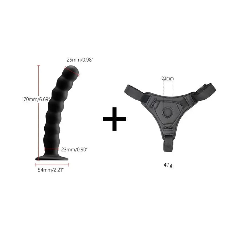 Realistic wearable dildo and strap-on sex toy for women with suction cup and anal plug, designed for adult pleasure.