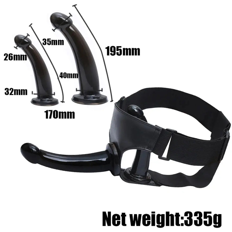Black realistic dildo with suction cup, jelly material, and strap-on harness for women, featuring a large penis design.