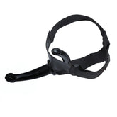 Black realistic dildo with suction cup for women, featuring ultra-elastic harness belt and strap-on design, with a large penis shape.