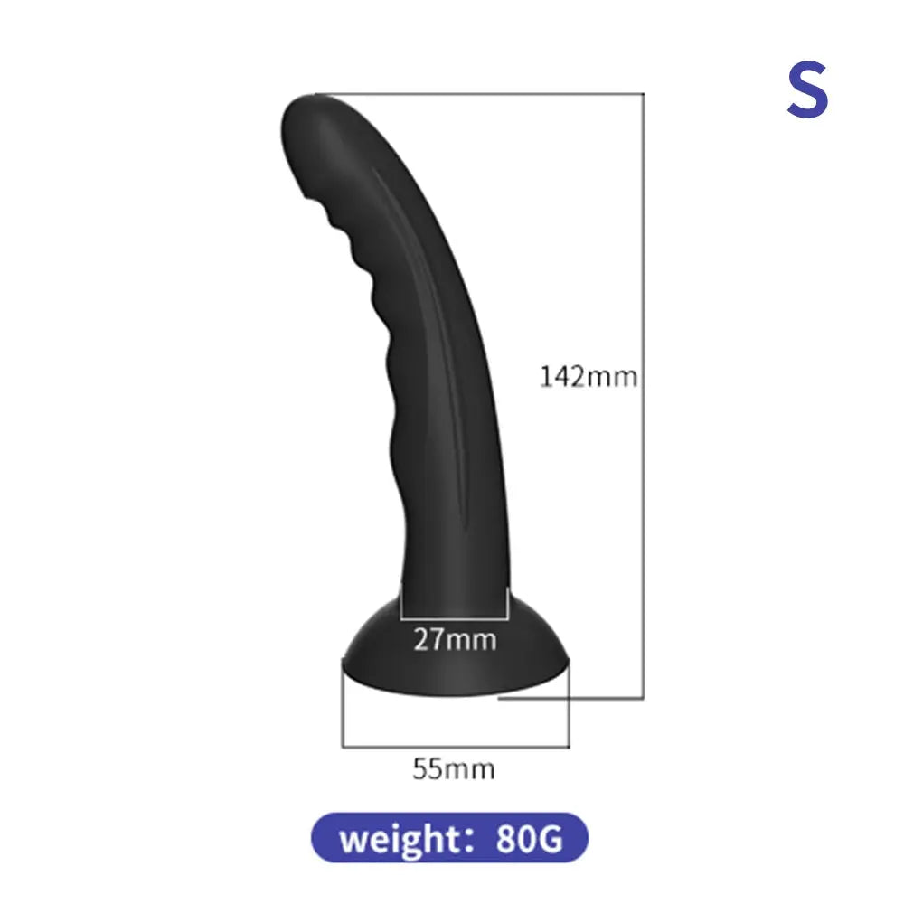 Silicone dildo with large penis shape, suction cup base, prostate massager, and anal butt plug for adult female pleasure.