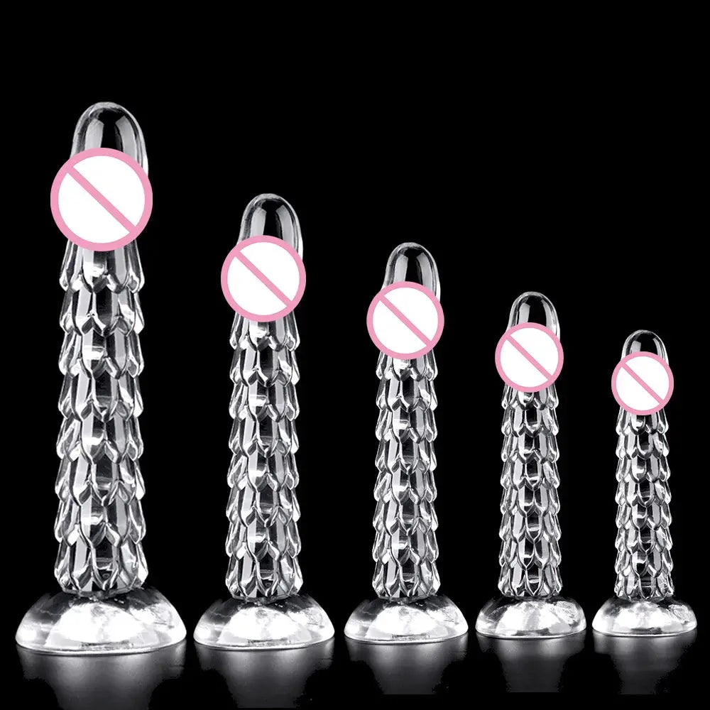 Transparent dragon scale dildo with suction cup, anal plug, and vaginal masturbator designed for women, from SHOPEZRA L.L.C.