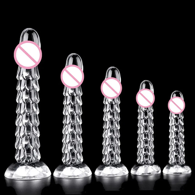 Transparent dragon scale dildo with suction cup, anal plug, and vaginal masturbator designed for women, from SHOPEZRA L.L.C.