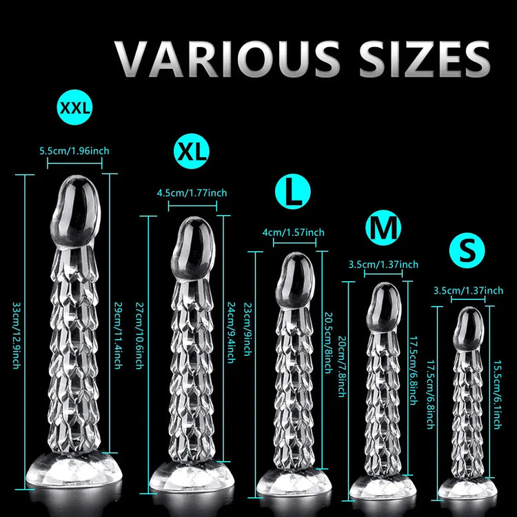 Transparent Dragon Scale Dildo with suction cup, anal plug, and vaginal massager designed for women, featuring detailed scale texture.