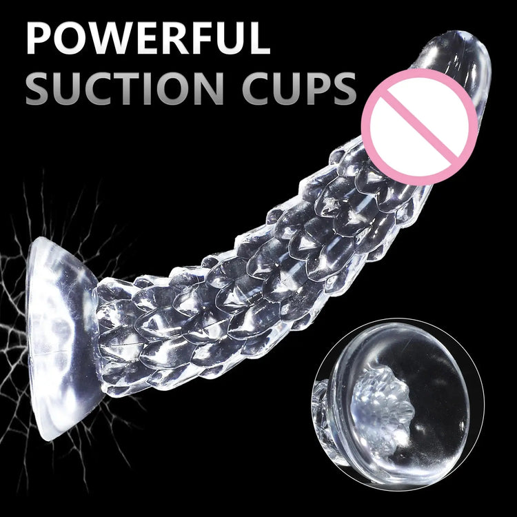 Transparent Dragon Scale Dildo with suction cup, anal and vaginal butt plug sex toy for women, designed for pleasure and stimulation.