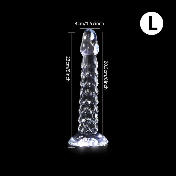 Transparent dragon scale dildo with suction cup, anal plug, and vaginal masturbation design for women, made by SHOPEZRA L.L.C.