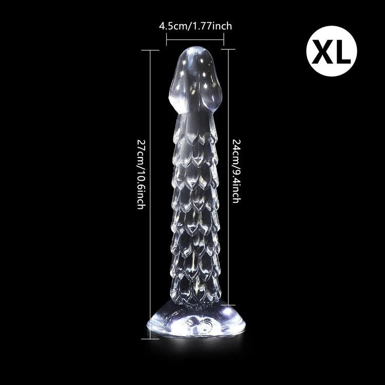 Transparent Dragon Scale Dildo with suction cup, anal plug, and vaginal masturbator designed for women.