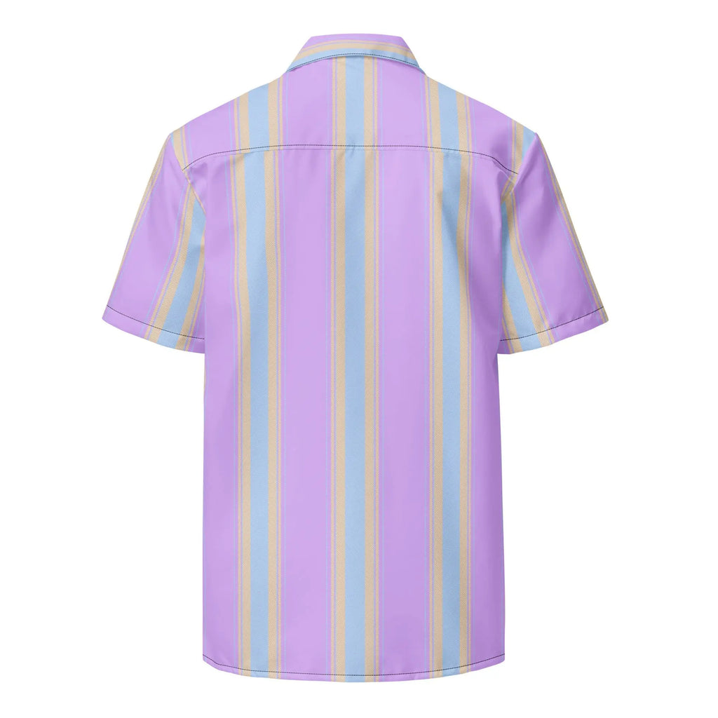 Back view of a lightweight summer button down shirt in purple with vertical stripes from the Brinks Island Collection.