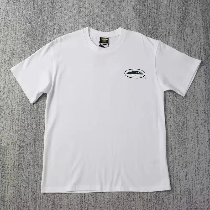 White summer T-shirt with small boat print, loose fit, round neck, short sleeves, breathable casual fashion from SHOPEZRA L.L.C.