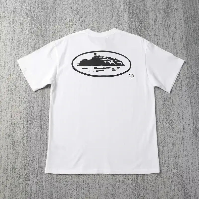 White summer T-shirt by SHOPEZRA L.L.C. with small boat print, short sleeves, round neck, breathable, casual fashion trend.