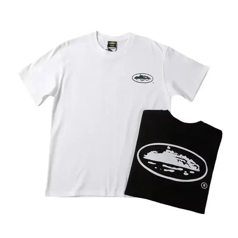White summer short sleeve T-shirt with small boat print, loose fit, round neck, breathable fabric, casual fashion by SHOPEZRA L.L.C.