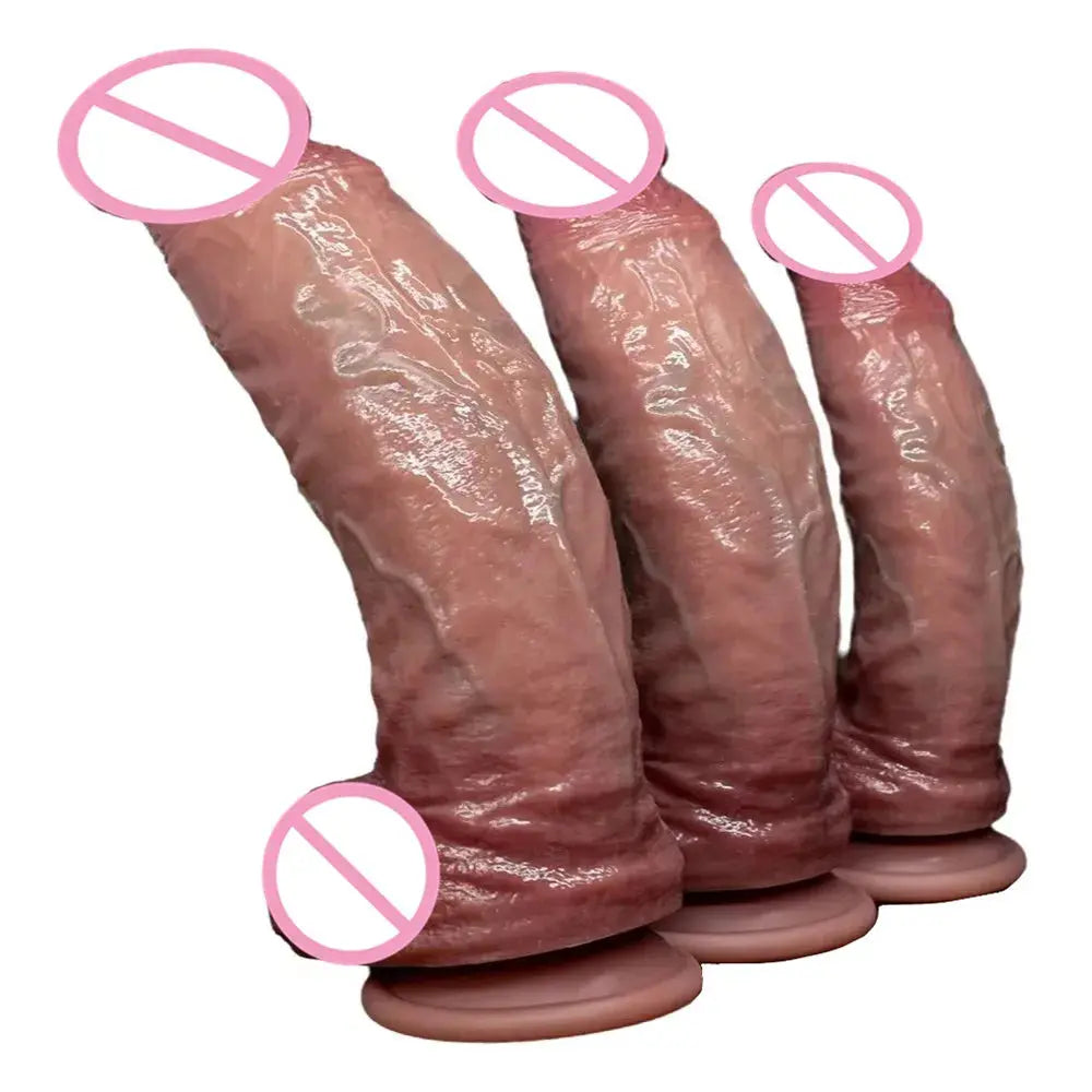 Realistic thick silicone dildo with large glans, designed for anal and vaginal use, featuring a soft, lifelike texture.
