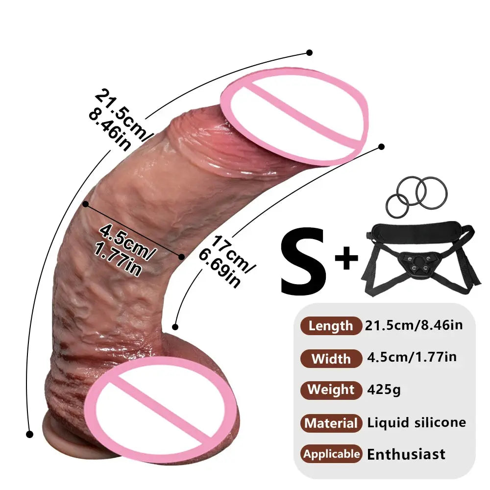 Realistic thick silicone dildo with big glans, designed for anal and vaginal use, featuring detailed penis and testicle design.