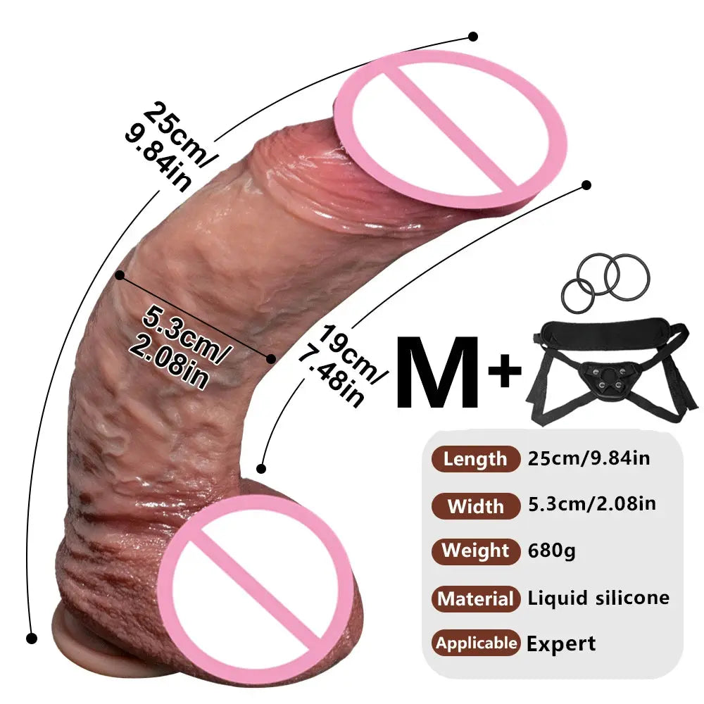 Realistic thick silicone dildo with big glans and belt, suitable for anal and vaginal use, designed for women and men.
