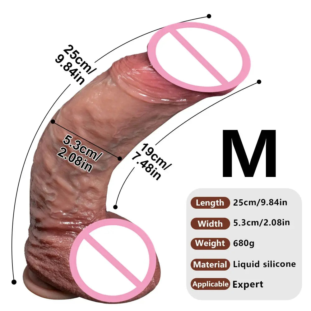 Realistic thick silicone dildo with big glans, designed for anal and vaginal pleasure, suitable for women and men.