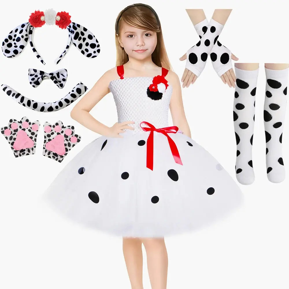 Dalmatian costume for kids featuring a spotted dog tutu dress with flower accents, perfect for Halloween and festive parties.