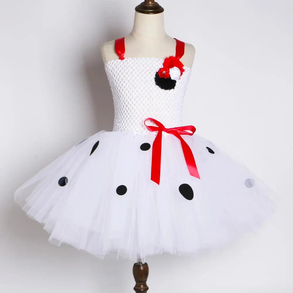 Kids Dalmatian costume by SHOPEZRA L.L.C., cute spotted dog tutu dress with flowers for Halloween, festival, or party dress-up.