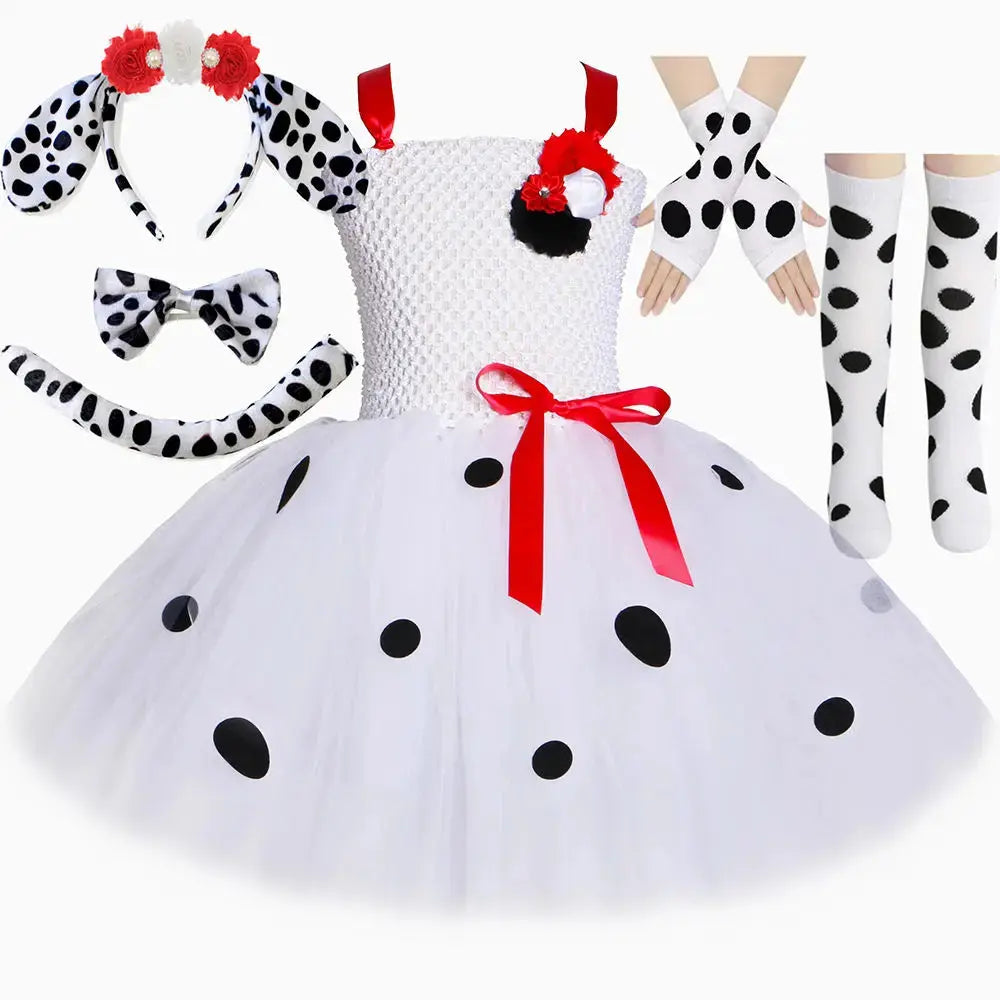 Kids Dalmatian costume by Shopezra L.L.C., cute spotted dog tutu dress with flowers for Halloween, festival, or party dress-up.