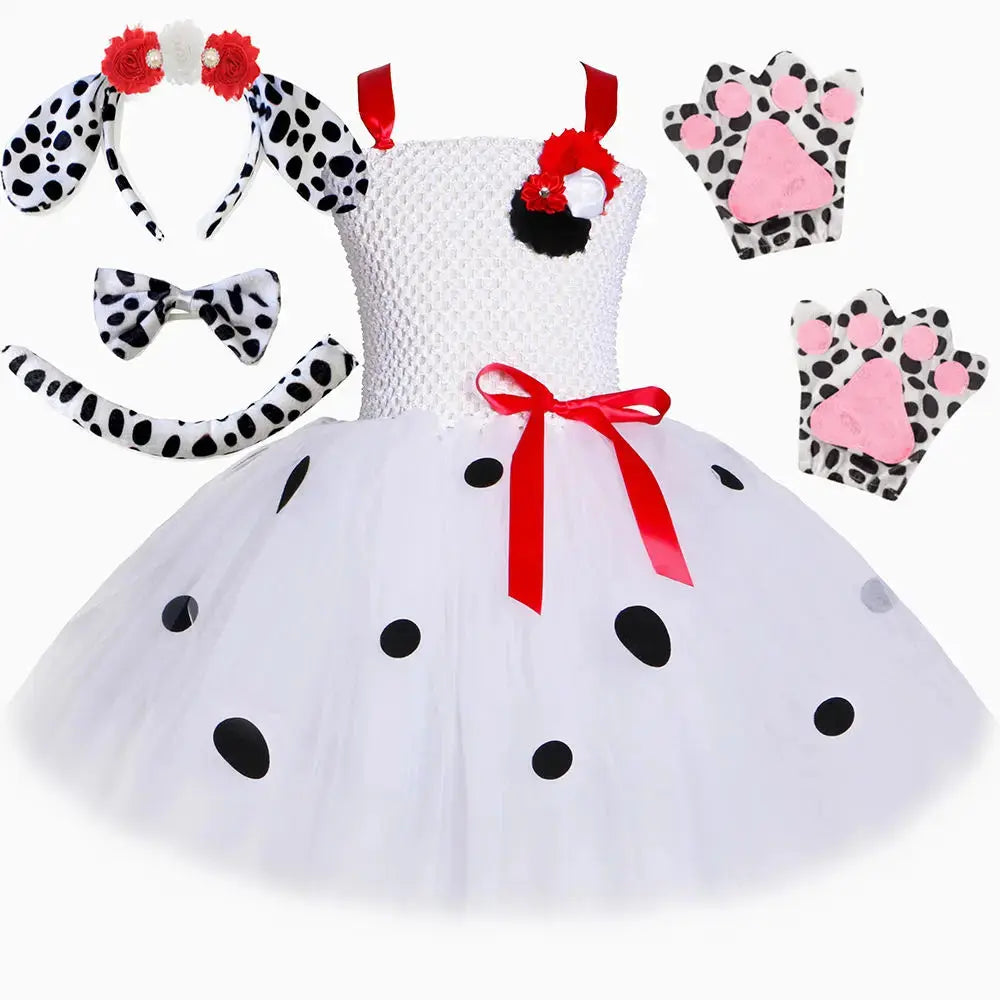 Dalmatian costume for kids featuring a spotted dog design, tutu dress with floral accents, perfect for Halloween or costume parties.