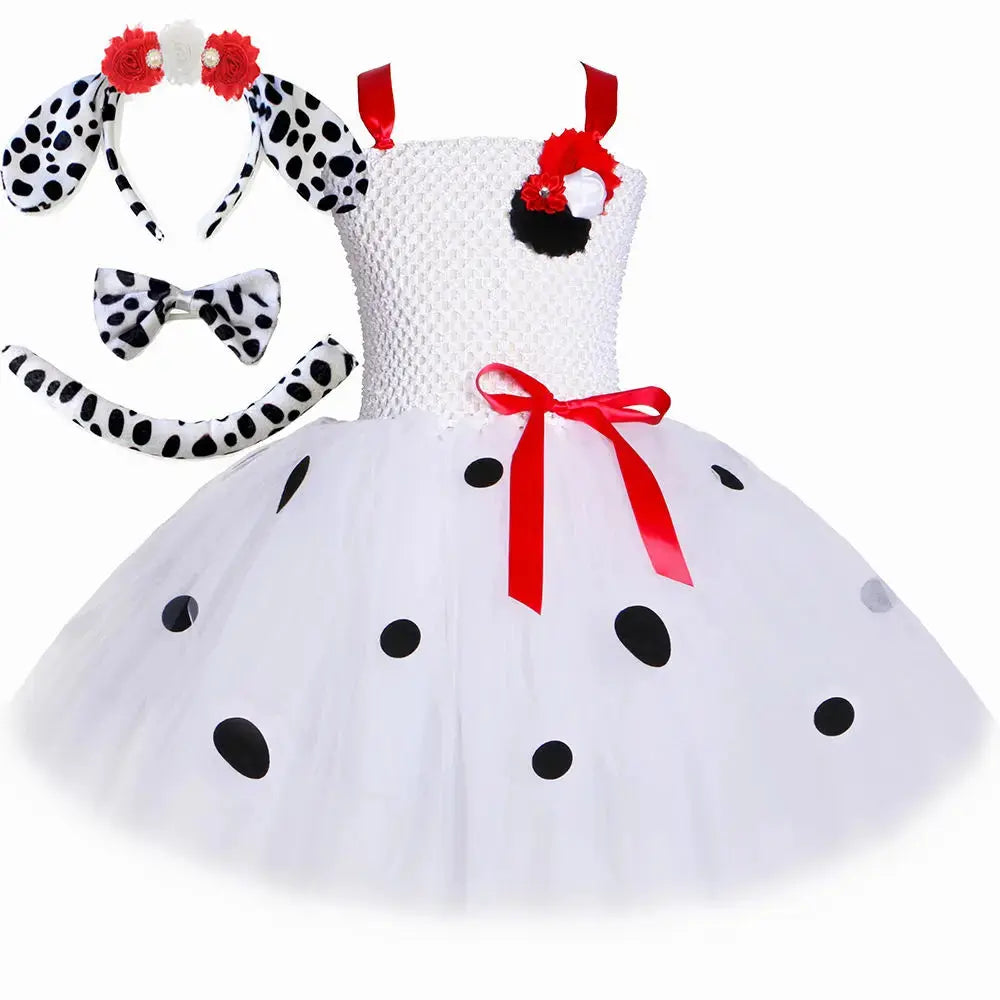 Dalmatian costume for kids featuring a spotted dog tutu dress with flowers, perfect for Halloween, parties, and festive dress-up.