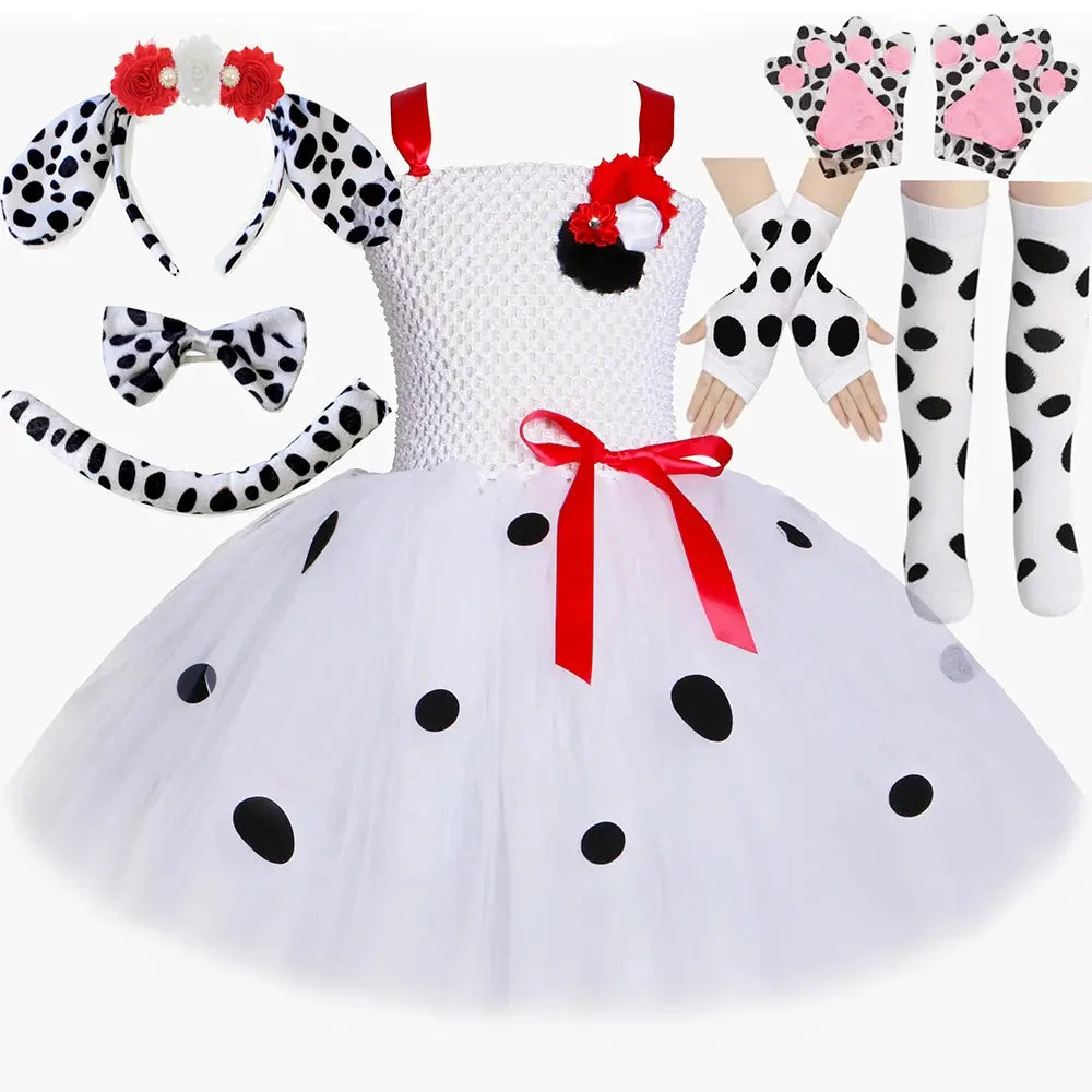 Dalmatian costume for kids featuring a spotted dog tutu dress with flowers, perfect for Halloween, parties, or dress-up fun.