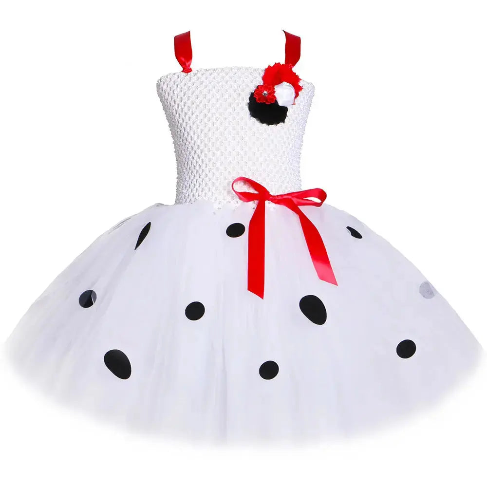 Dalmatian costume for kids featuring a spotted dog tutu dress with flower accents, perfect for Halloween and festive parties.