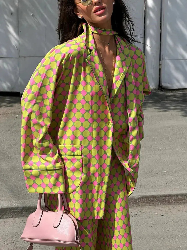 Casual plaid women's blazer and wide-leg trousers set with long sleeves, scarf collar, and pleated details, summer fashion by SHOPEZRA L.L.C.
