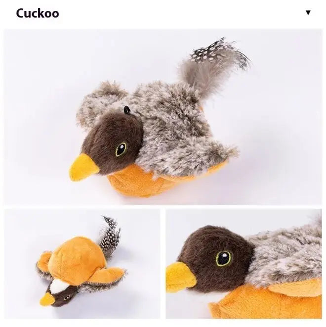 PVC flapping bird cat toy with shake features, designed for feline play and entertainment, packaged in a clear bag.