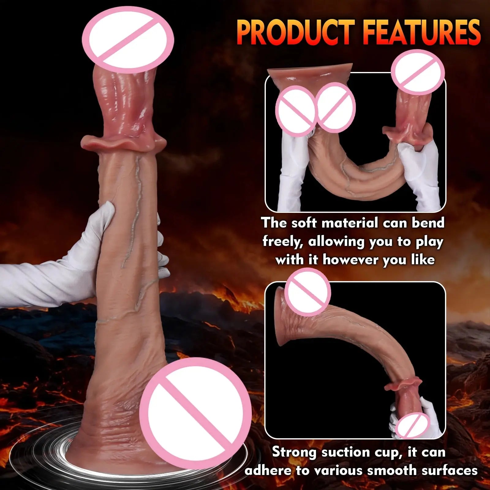 Large 54cm realistic silicone horse dildo with soft texture, suitable for anal and adult pleasure for women, men, and gay users.