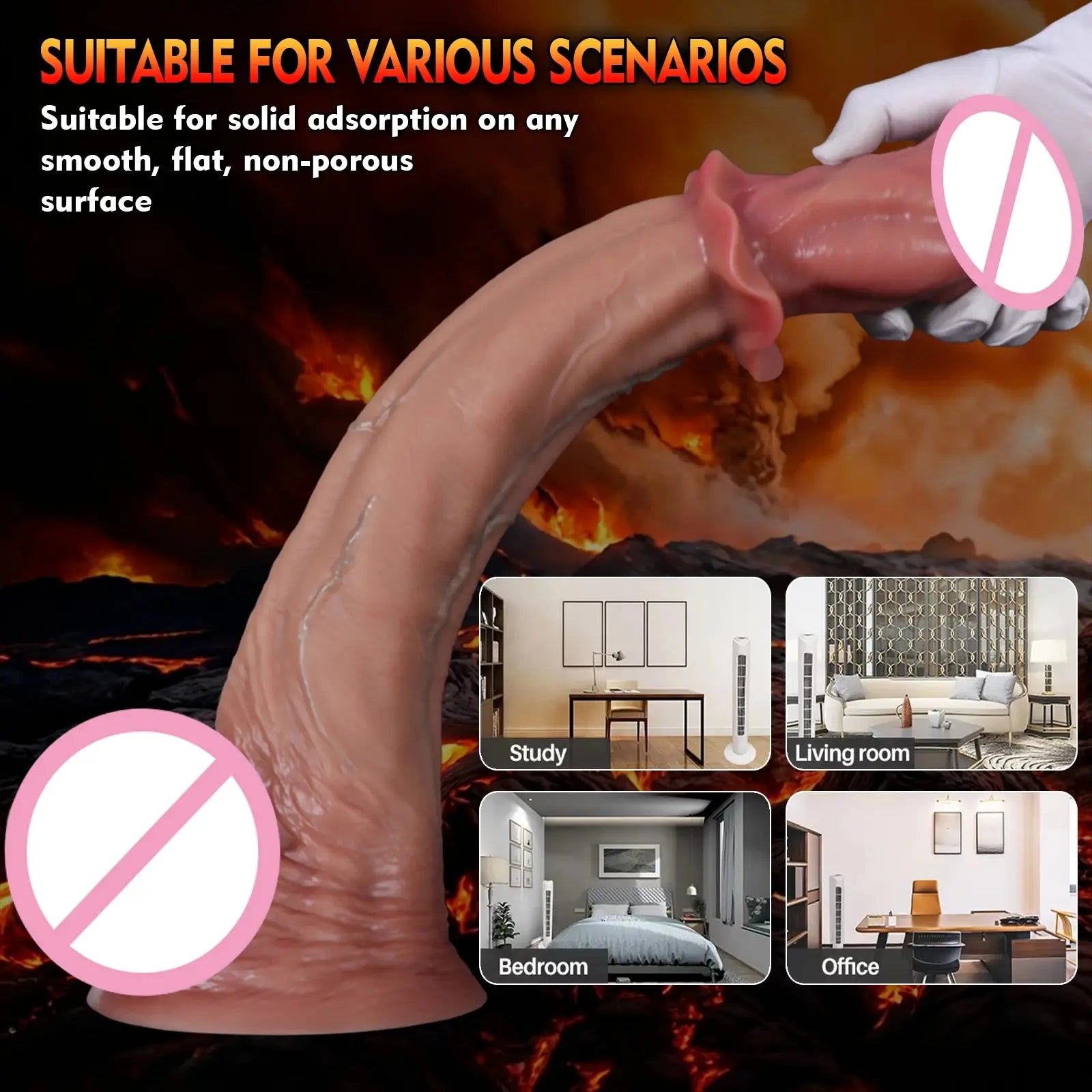 Realistic 54cm silicone horse dildo with large animal penis design, soft texture, anal cup, adult sex toy for women, men, and gay users.