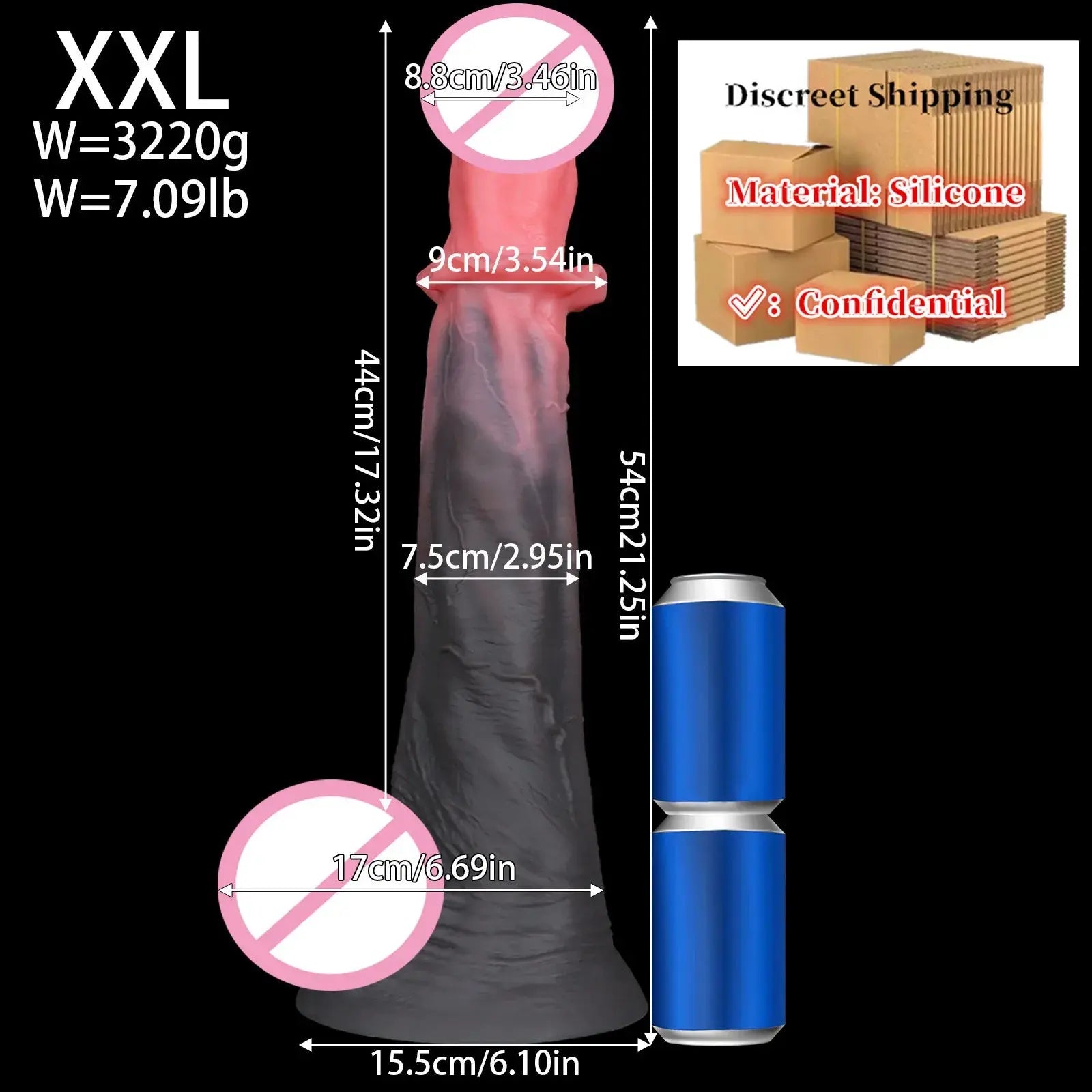 Realistic 54cm silicone horse dildo with large penis shape, soft texture, anal cup, adult sex toy for women, men, and gay users.
